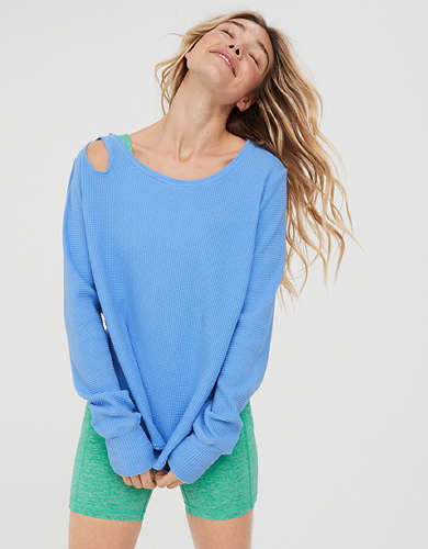 OFFLINE By Aerie Wow! Waffle Cut Out Shoulder T-Shirt