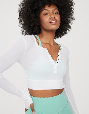 OFFLINE By Aerie Thumbs Up Waffle Henley Cropped T-Shirt