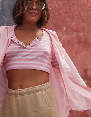 OFFLINE By Aerie Thumbs Up Waffle Henley Cropped T-Shirt