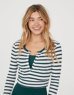 Женские футболки Aerie OFFLINE By Aerie Thumbs Up Waffle Henley Cropped T-Shirt — фото 2