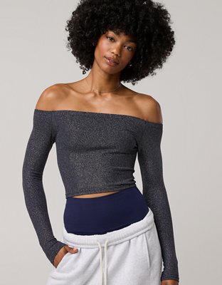 OFFLINE By Aerie Midnight-in-Seamless Shine Off The Shoulder Shirt