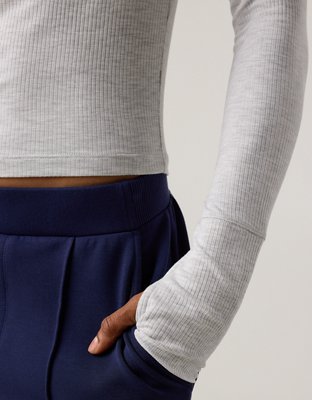 Женские футболки Offline By Aerie Thumbs Up Fitted Ribbed, цвет: Светлый меланжевый серый — фото 6