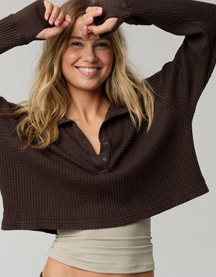 OFFLINE By Aerie Wow! Waffle Mockneck Henley Long Sleeve T-Shirt