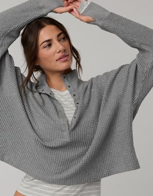 OFFLINE By Aerie Wow! Waffle Mockneck Henley Long Sleeve T-Shirt