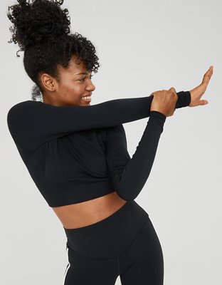 Slim Fit Long Sleeve Crop Top Built in Bra Halter Neck Yoga Shirts