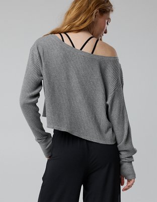 OFFLINE By Aerie Wow! Waffle Long Sleeve Off The Shoulder T-Shirt