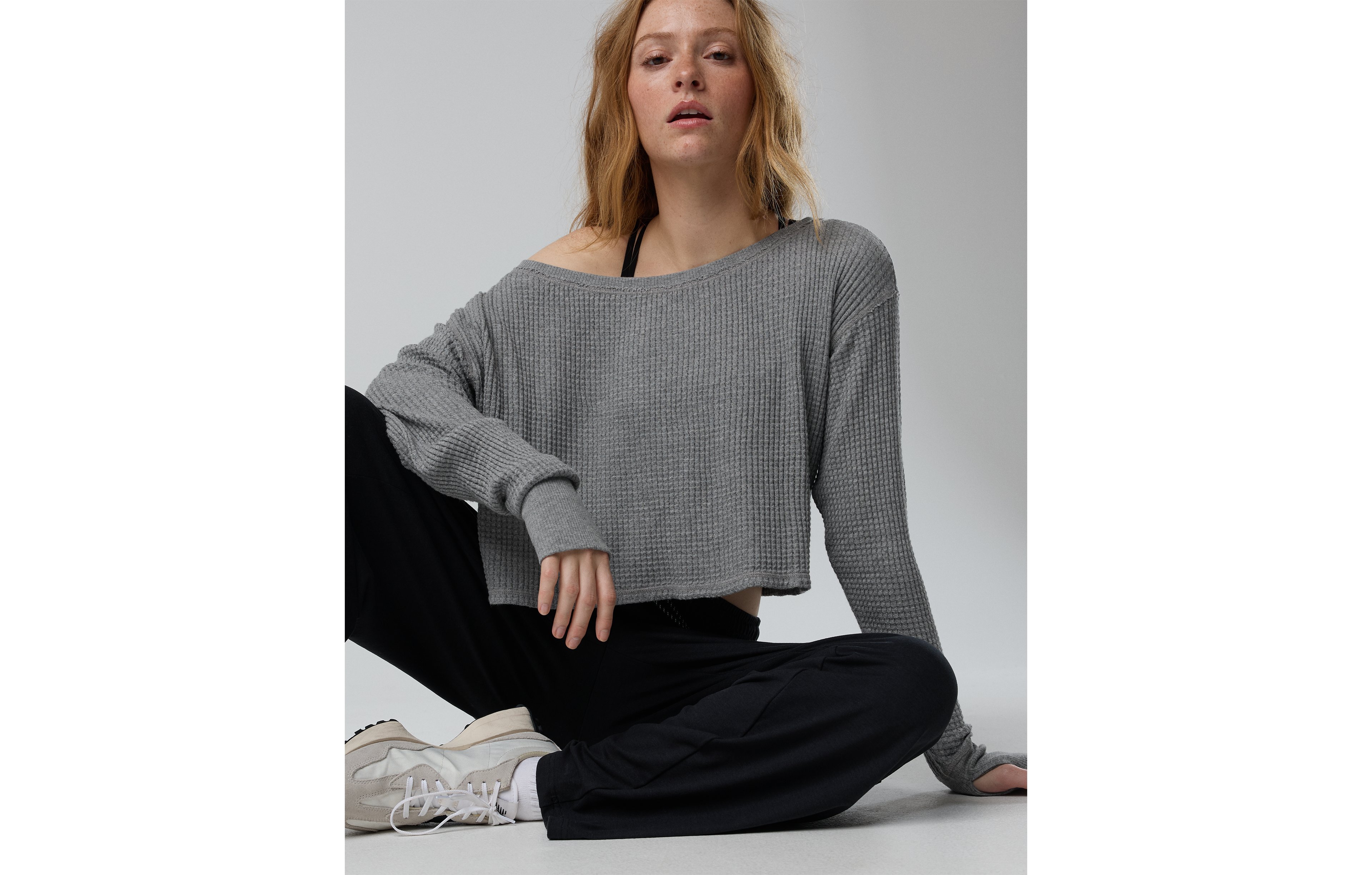 OFFLINE By Aerie Wow! Waffle Long Sleeve Off The Shoulder T-Shirt