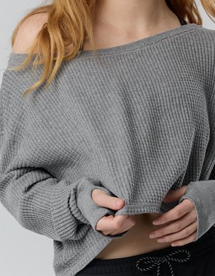 OFFLINE By Aerie Wow! Waffle Long Sleeve Off The Shoulder T-Shirt