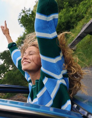 OFFLINE By Aerie Wow! Waffle Long Sleeve Off The Shoulder T-Shirt