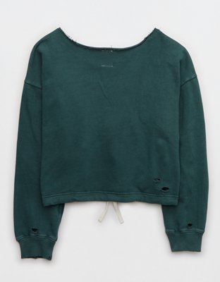 OFFLINE By Aerie Throw-Back Fleece Destroyed Cinched Crew Sweatshirt