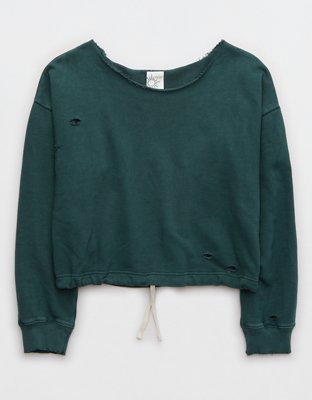 OFFLINE By Aerie Throw-Back Fleece Destroyed Cinched Crew Sweatshirt