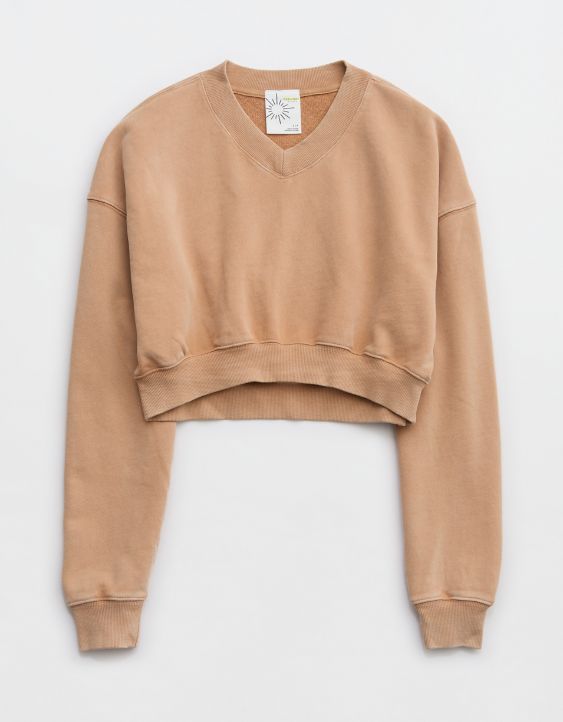 OFFLINE By Aerie Throw-Back Cropped V Neck Sweatshirt