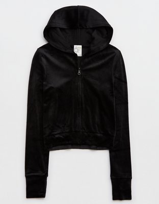 Velour Zip Up Crop Hoodie Jogger Set