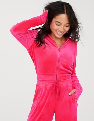 Pink velour cropped discount hoodie