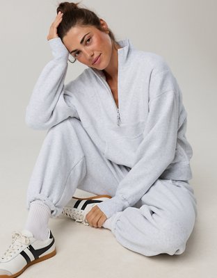 Женские толстовки Offline By Aerie Cloud Fleece Seamed Quarter Zip, цвет: Светлый меланжевый серый — фото 2