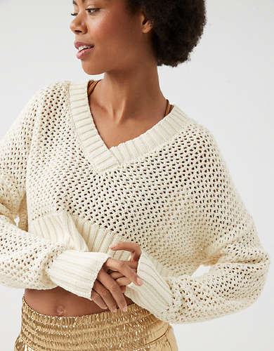 OFFLINE By Aerie Crochet V Neck Sweater