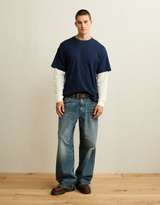 Мужская футболка American Eagle AE Boxy Fit Layered, цвет: Тёмно-синий — фото 4