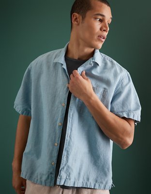 AE77 Premium Chambray Camp Collar Button-Up Shirt