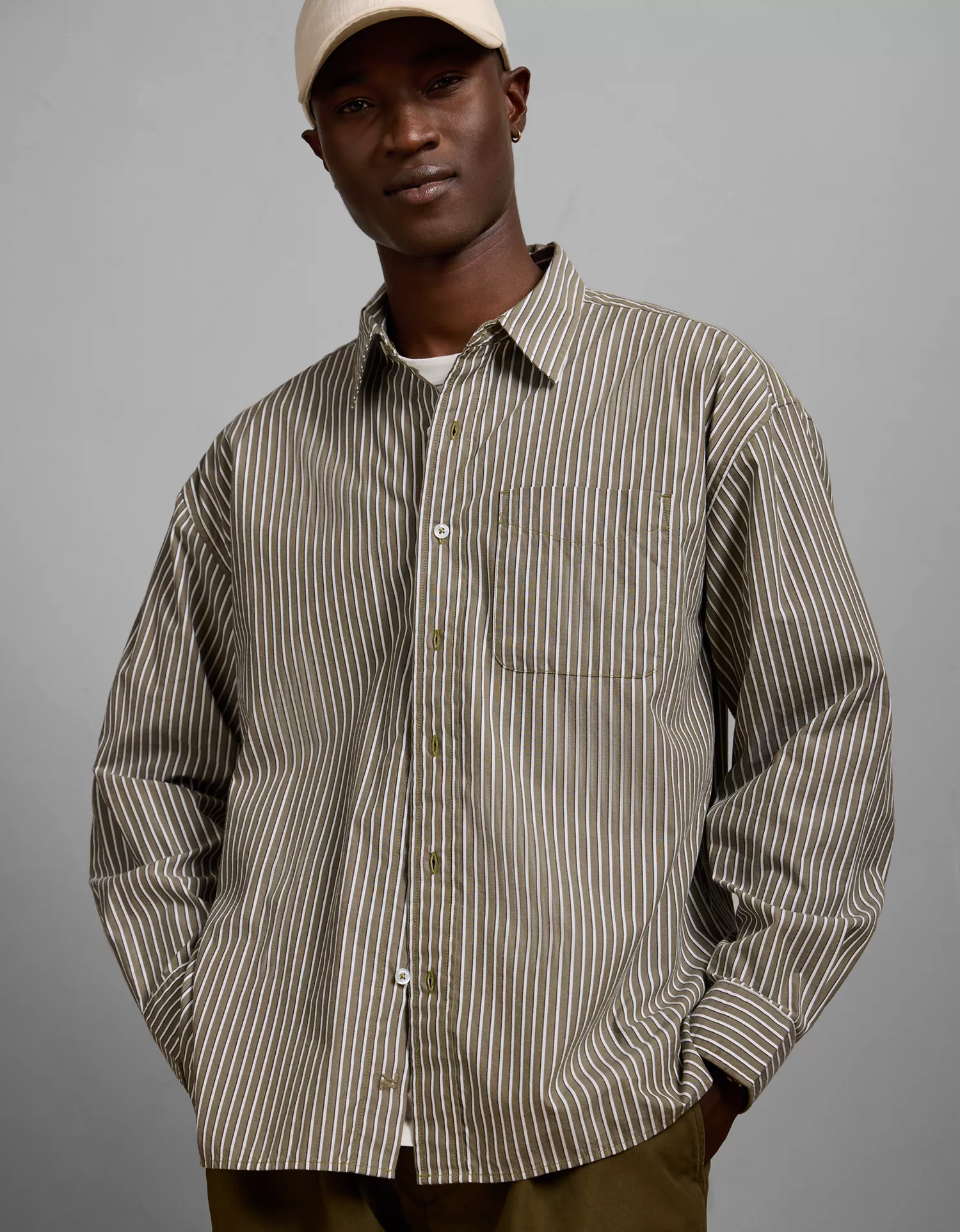AE77 Premium Relaxed Striped Poplin Button-Up Shirt