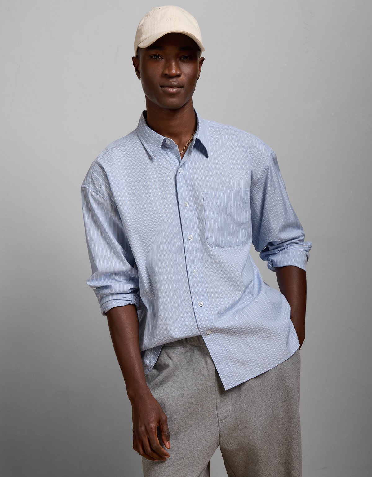 AE77 Premium Relaxed Striped Poplin Button-Up Shirt - image 2