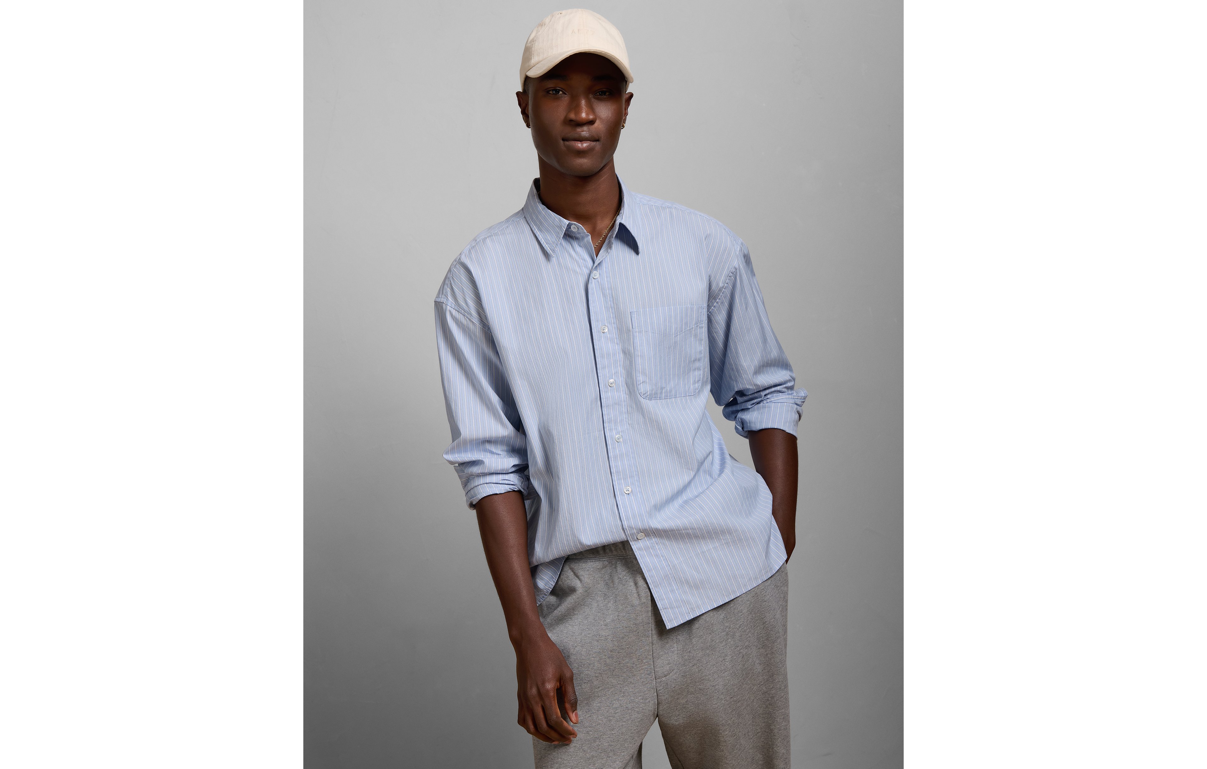 AE77 Premium Relaxed Striped Poplin Button-Up Shirt
