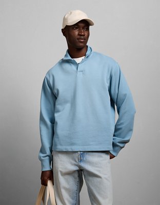 AE77 Long-Sleeve Terry Fleece Polo Shirt