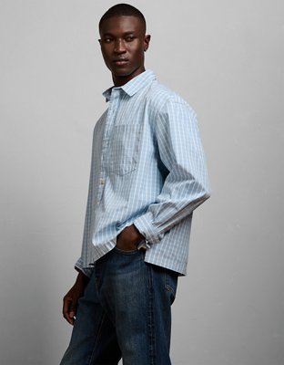 Мужская рубашка American Eagle AE77 Poplin Military Button-Up, цвет: Синий — фото 7