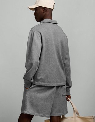 AE77 Garment-Washed Long-Sleeve Utility Polo Shirt