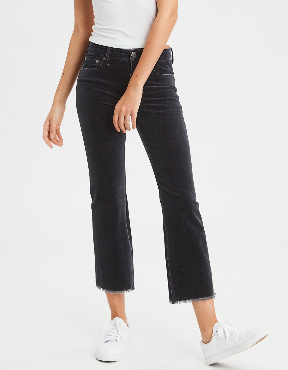 High-Waisted Crop Flare Corduroy Pant, Black | American Eagle Outfitters