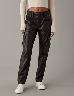 Black Cargo Pants Straight Fit High Rise Faux Leather