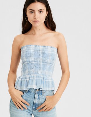 AE Plaid Smocked Tube Top, Stone Gray | American Eagle Outfitters