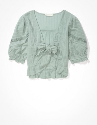 AE Puff-Sleeve Tie-Front Blouse