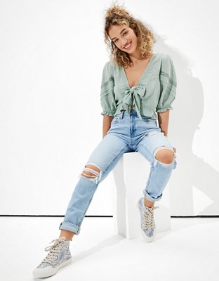 AE Puff-Sleeve Tie-Front Blouse