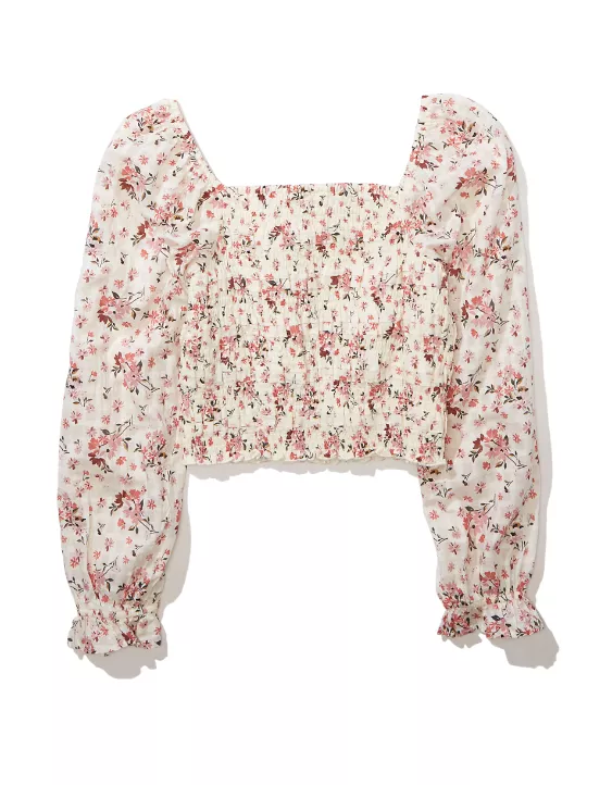 AE Smocked Puff-Sleeve Square Neck Blouse
