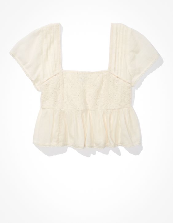 AE Cropped Embroidered Babydoll Top