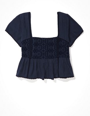 AE Cropped Embroidered Babydoll Top