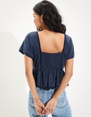 AE Cropped Embroidered Babydoll Top