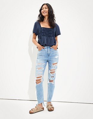 AE Cropped Embroidered Babydoll Top