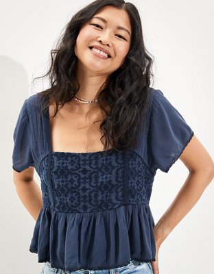 AE Cropped Embroidered Babydoll Top