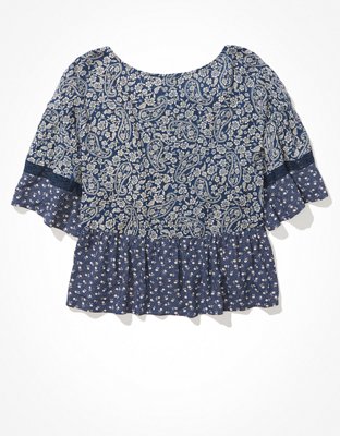 Женские блузки American Eagle AE Floral Lace-Up Flutter-Sleeve Blouse — фото 4