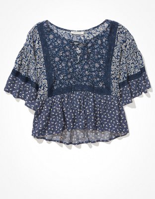 Женские блузки American Eagle AE Floral Lace-Up Flutter-Sleeve Blouse — фото 3