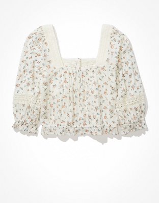 AE Blusa con encaje y mangas abombadas