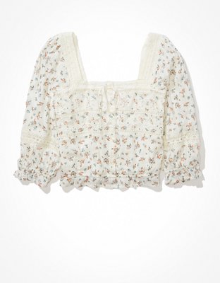 AE Blusa con encaje y mangas abombadas