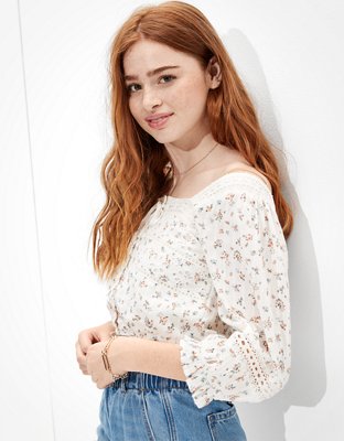 AE Blusa con encaje y mangas abombadas