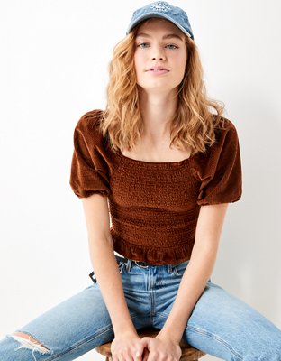 AE Smocked Puff-Sleeve Blouse