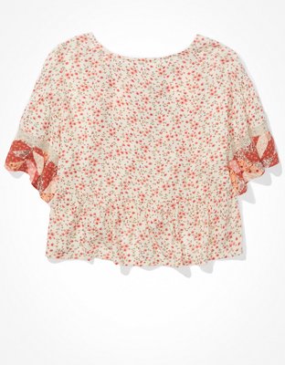 AE Floral Lace-Up Flutter-Sleeve Blouse