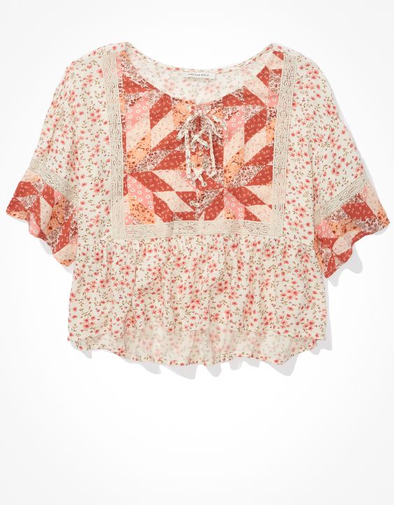 AE Floral Lace-Up Flutter-Sleeve Blouse