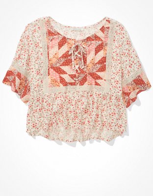 AE Blusa floral acordonada con mangas con ondas
