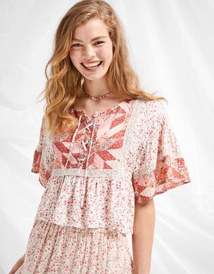AE Floral Lace-Up Flutter-Sleeve Blouse