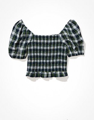 AE Blusa con mangas abombadas y bordado con nido de abeja